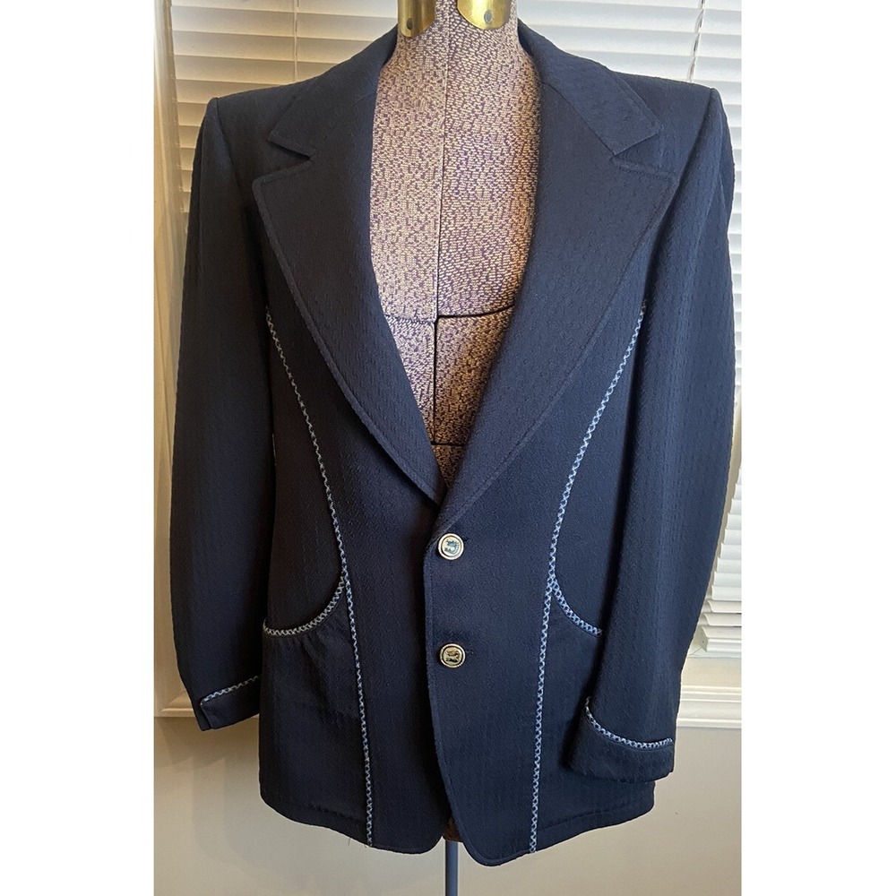 FASHION FIRST Vintage Women's Navy/lt Blue Trim Blazer Jacket Poly Blend 12/14